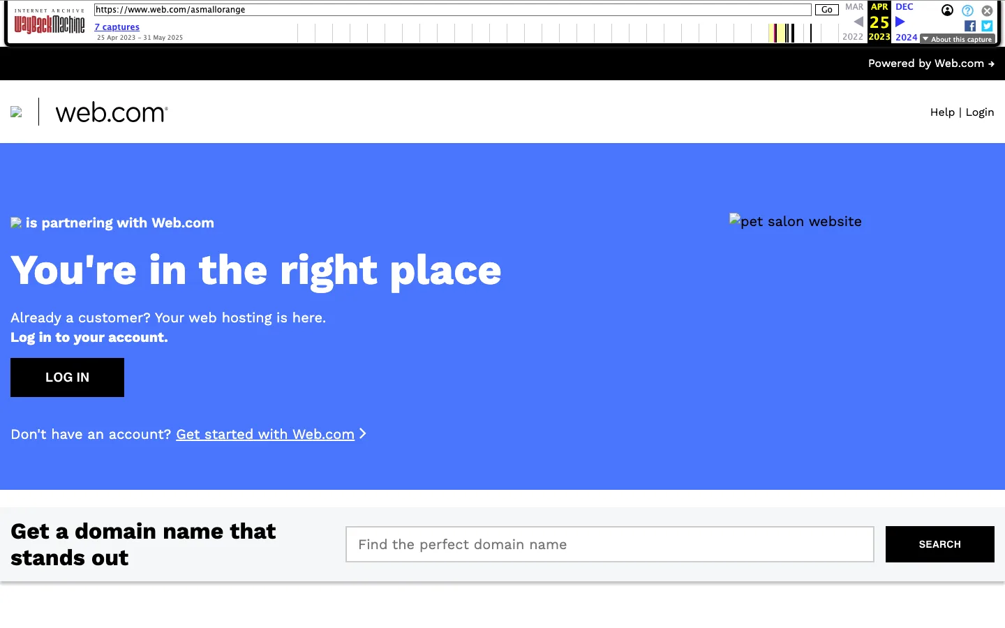 Archived Wayback Machine snapshot from April 25, 2023 of the Web.com page that asmallorange.com redirected to, saying the brand is partnering with Web.com