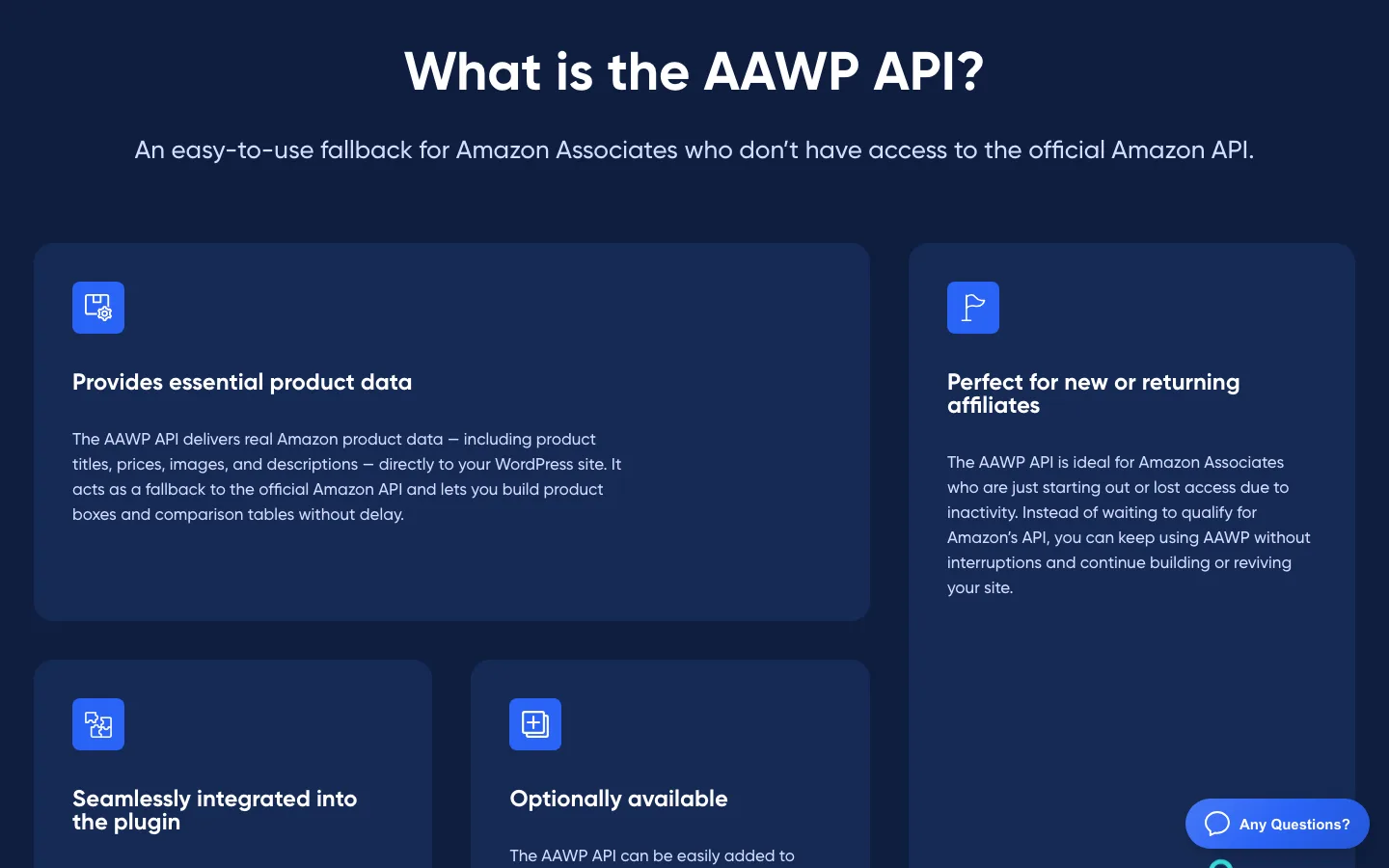 AAWP API feature page explaining that it provides product titles, prices, images and descriptions for affiliates without Amazon API access
