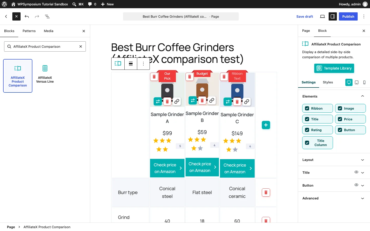 AffiliateX Product Comparison block in the WordPress block editor with three sample grinders and element toggles in the sidebar