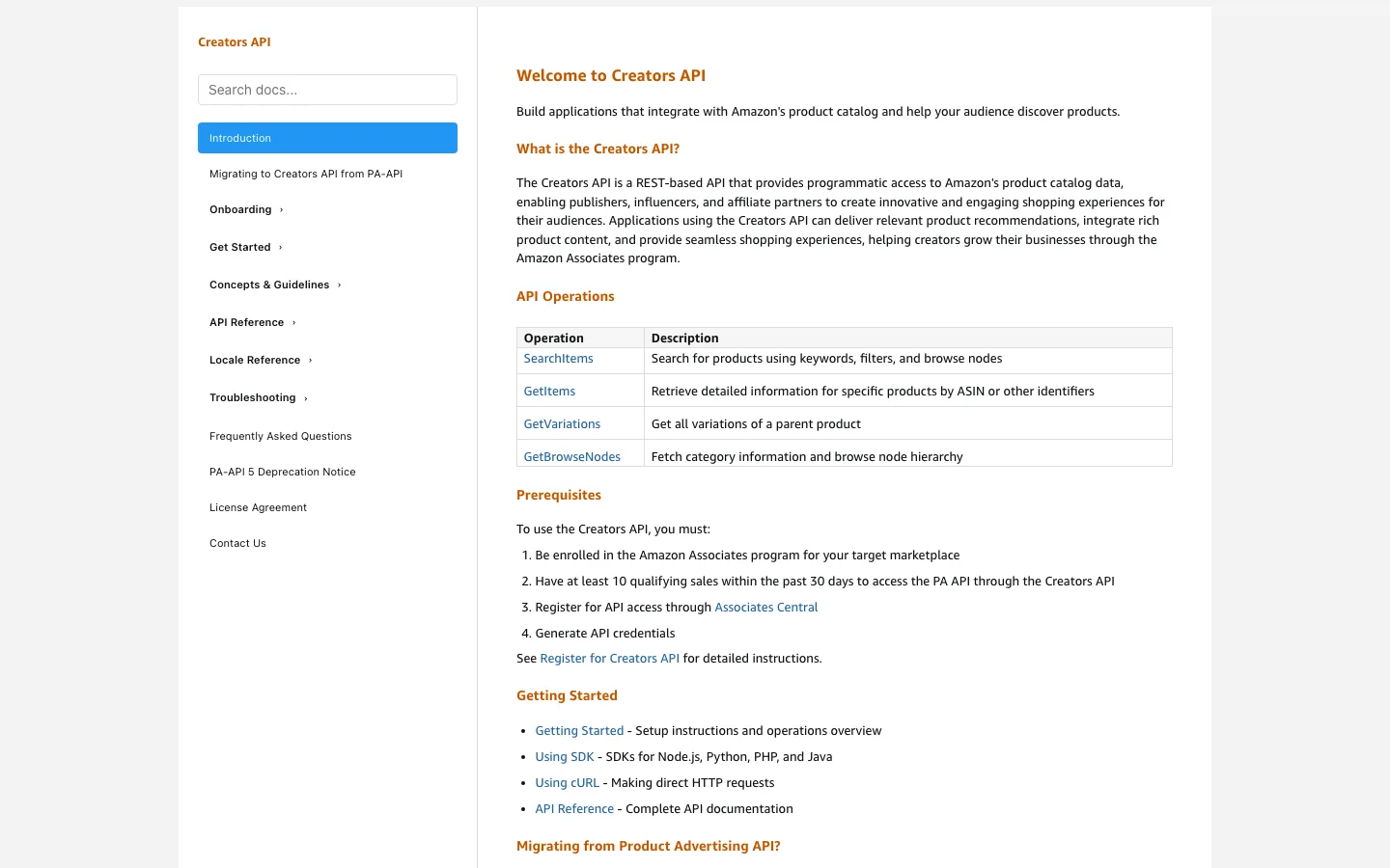 Amazon’s Creators API introduction page listing the prerequisites, including at least 10 qualifying sales within the past 30 days