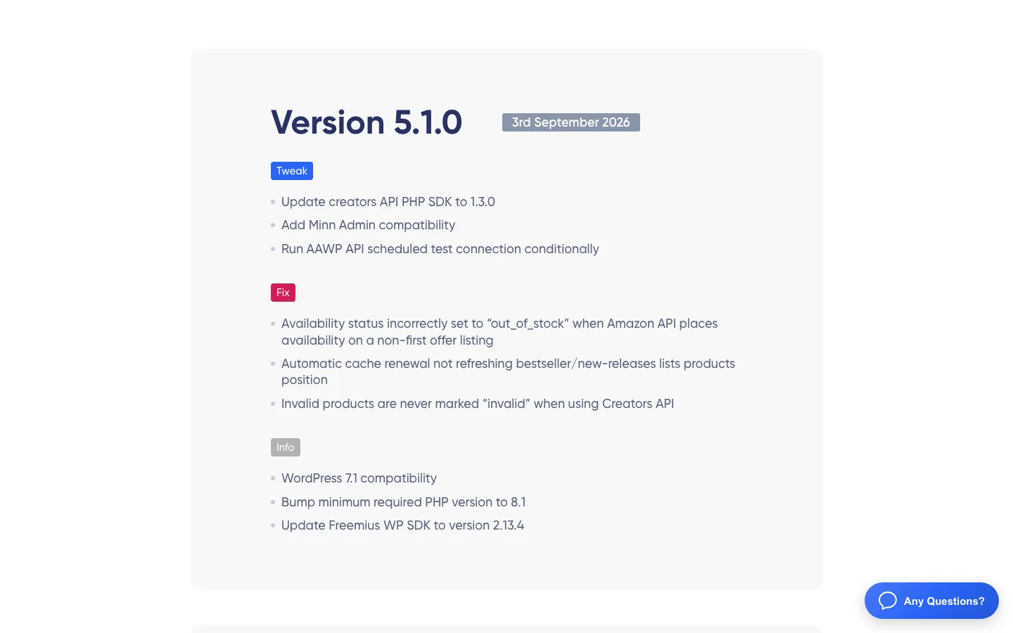 AAWP changelog entry for version 5.1.0 released September 3, 2026, with Creators API SDK update and PHP 8.1 requirement