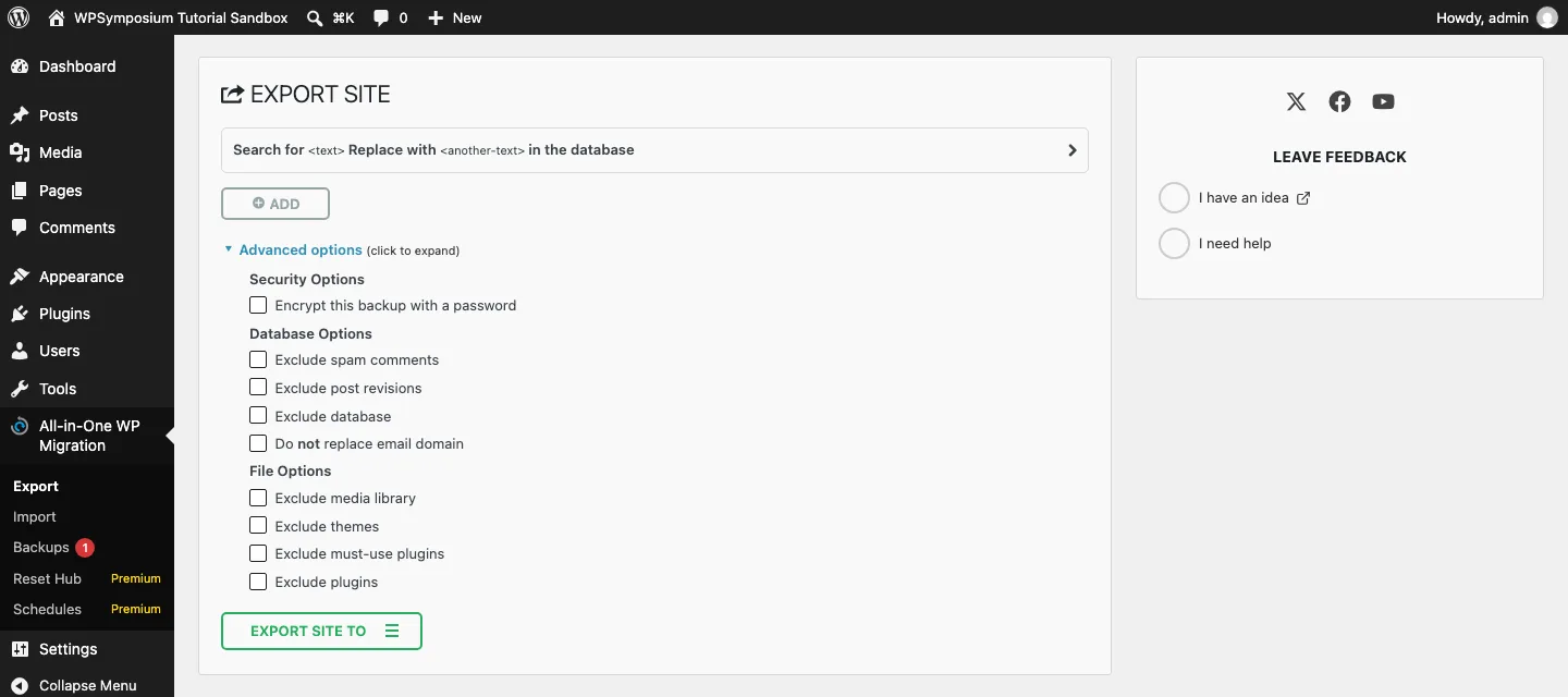 All-in-One WP Migration advanced export options with checkboxes to encrypt the backup and exclude spam comments, post revisions, the database, media, themes and plugins