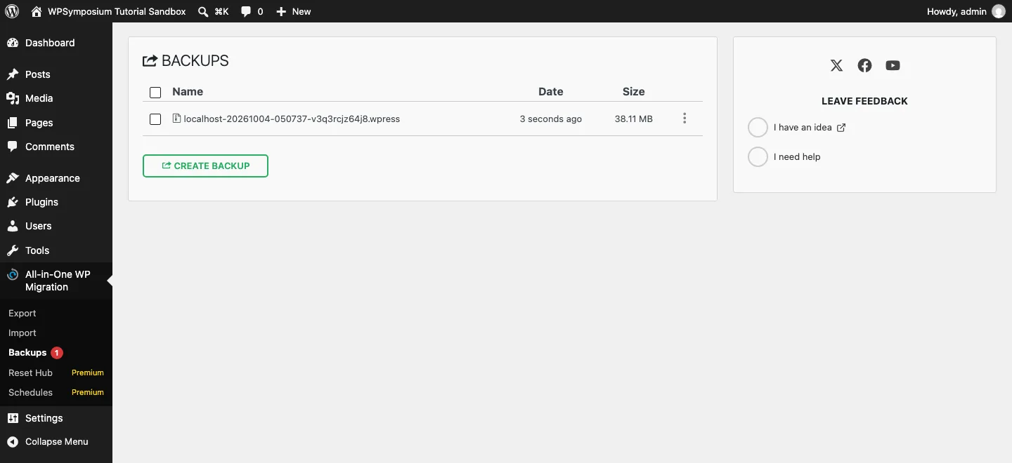 All-in-One WP Migration Backups screen listing one .wpress backup file with its date and size