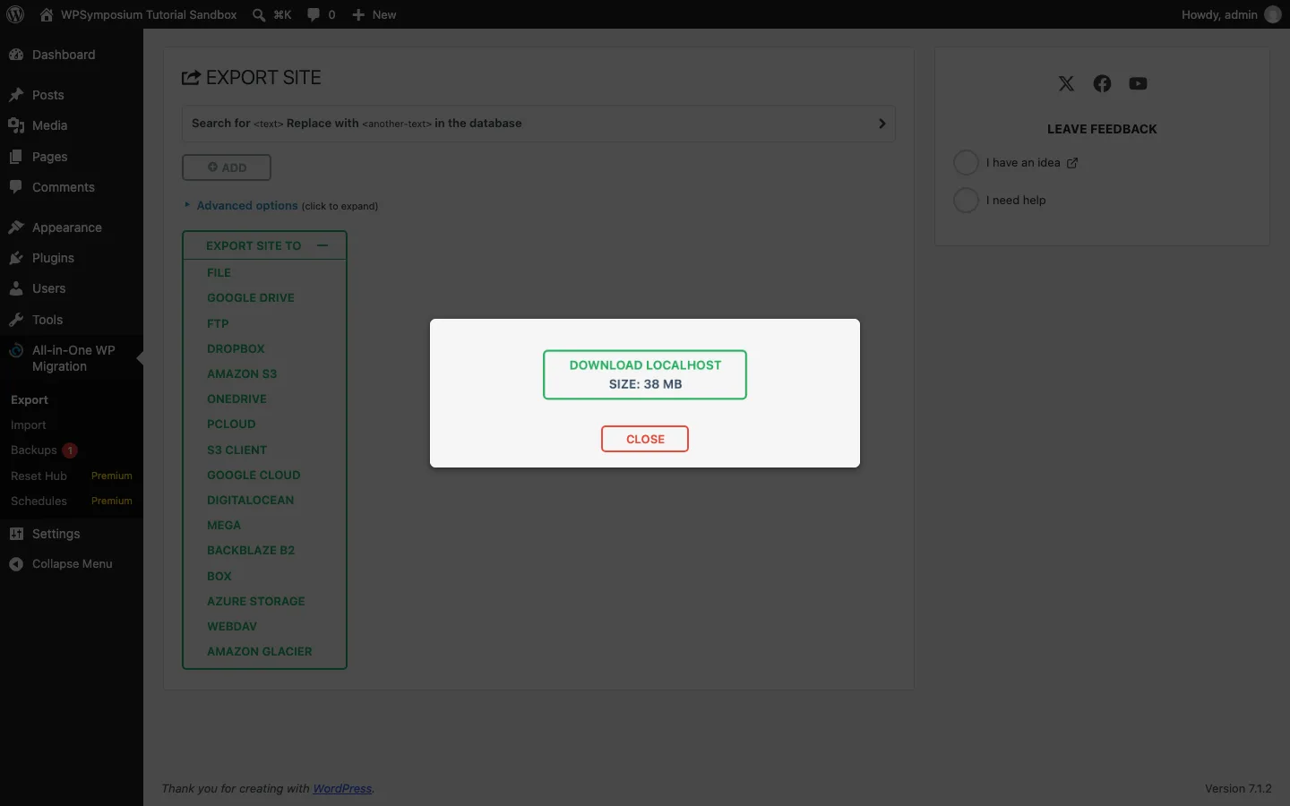 All-in-One WP Migration pop-up with a Download button for the finished export file