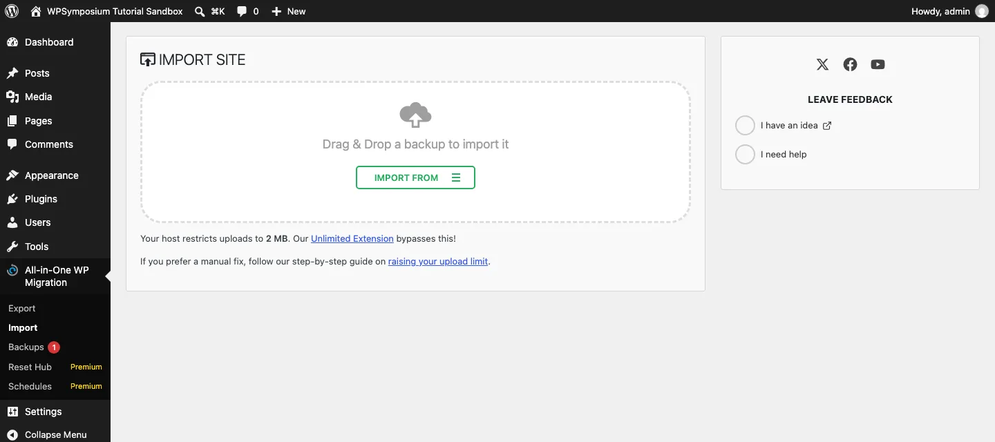 All-in-One WP Migration Import Site screen with a drag and drop area, an Import From button and a note about the 2 MB upload limit