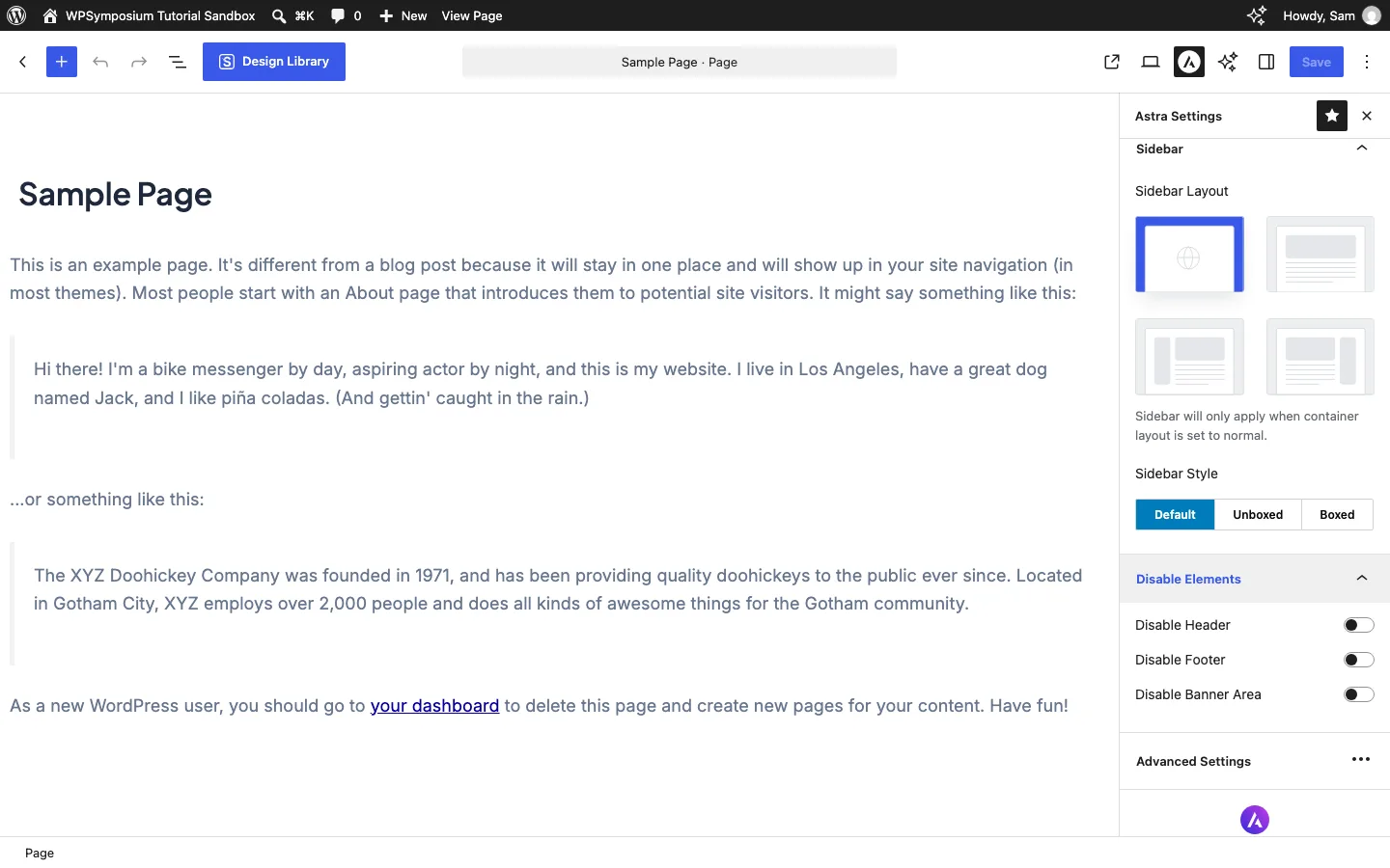 Astra Settings panel in the WordPress block editor with sidebar and disable elements options