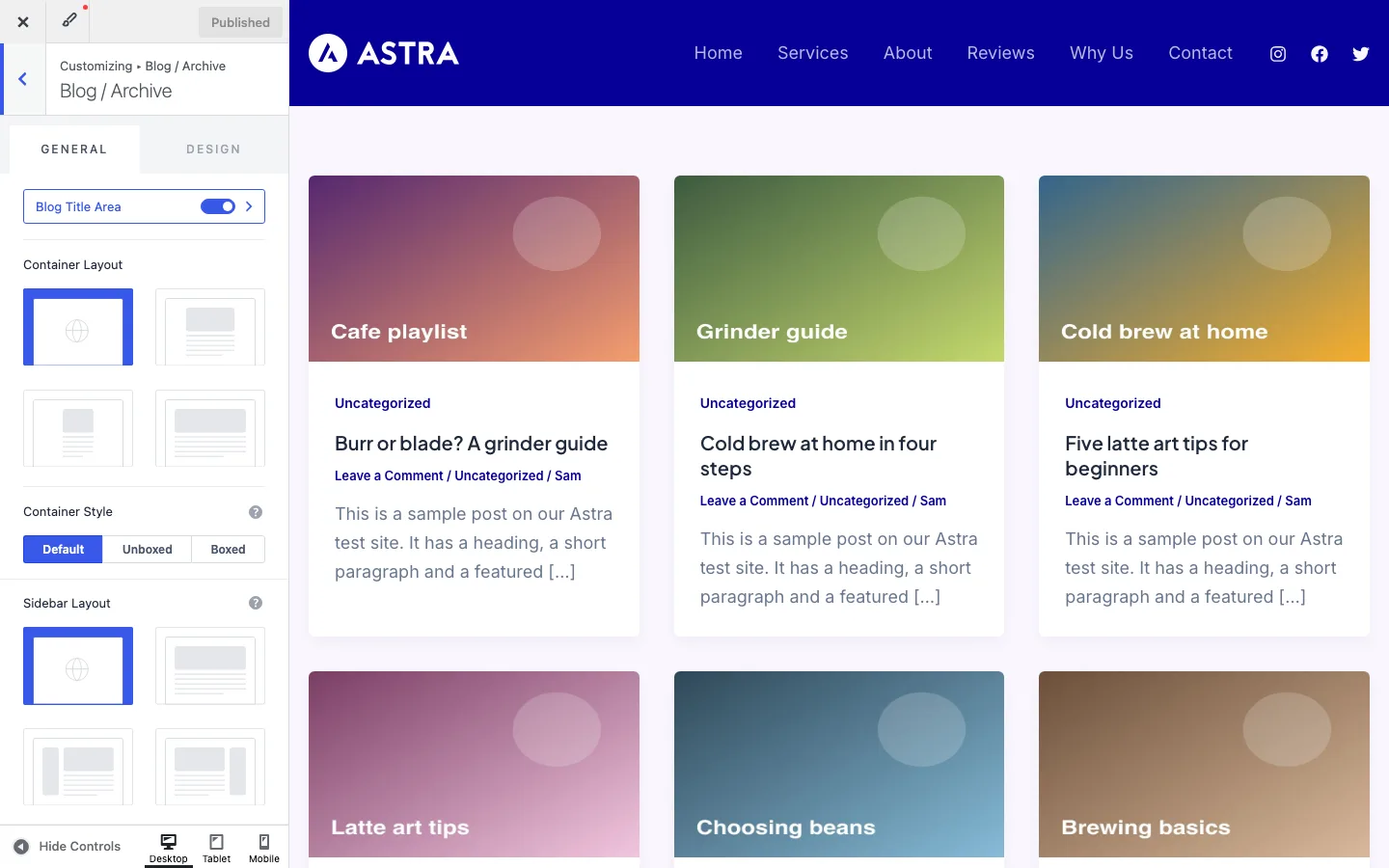 Astra Blog and Archive Customizer panel with a three column post grid preview