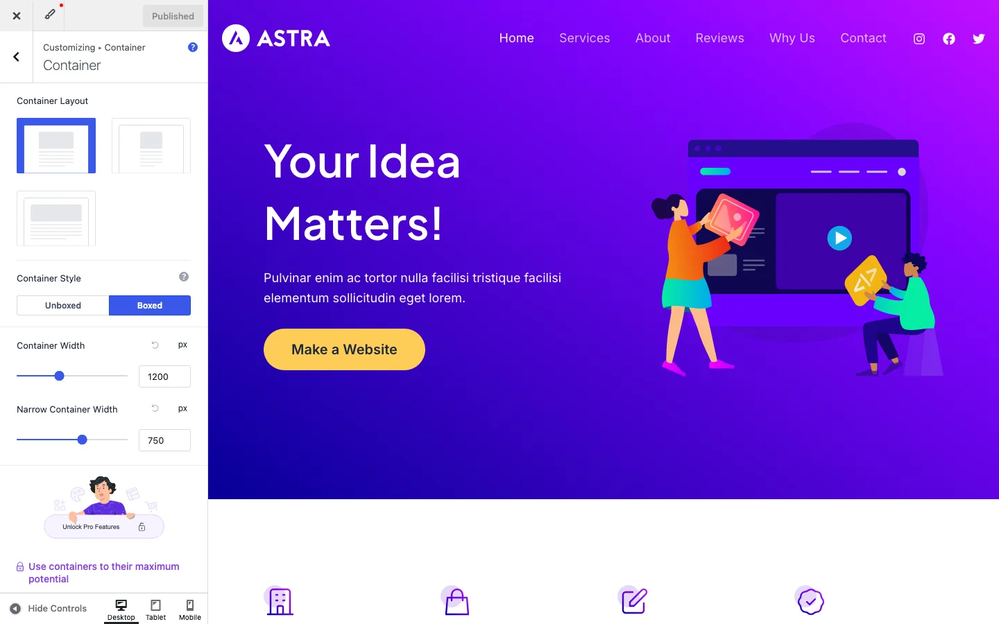 Astra container settings with normal, narrow and full width layouts and a 1200 pixel width