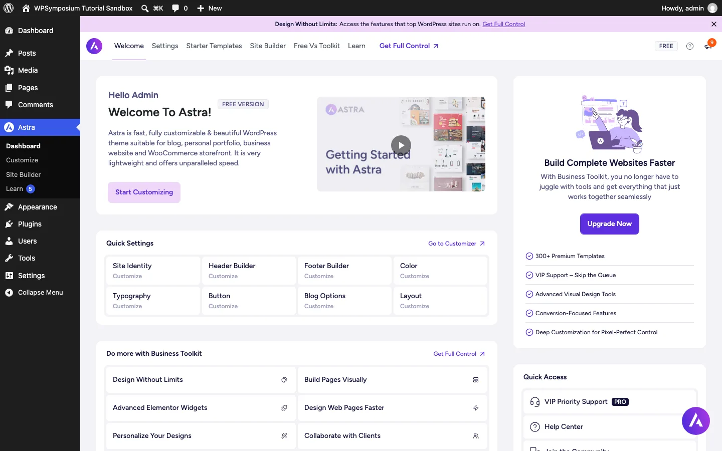 Astra theme dashboard in WordPress, free version 4.14.0