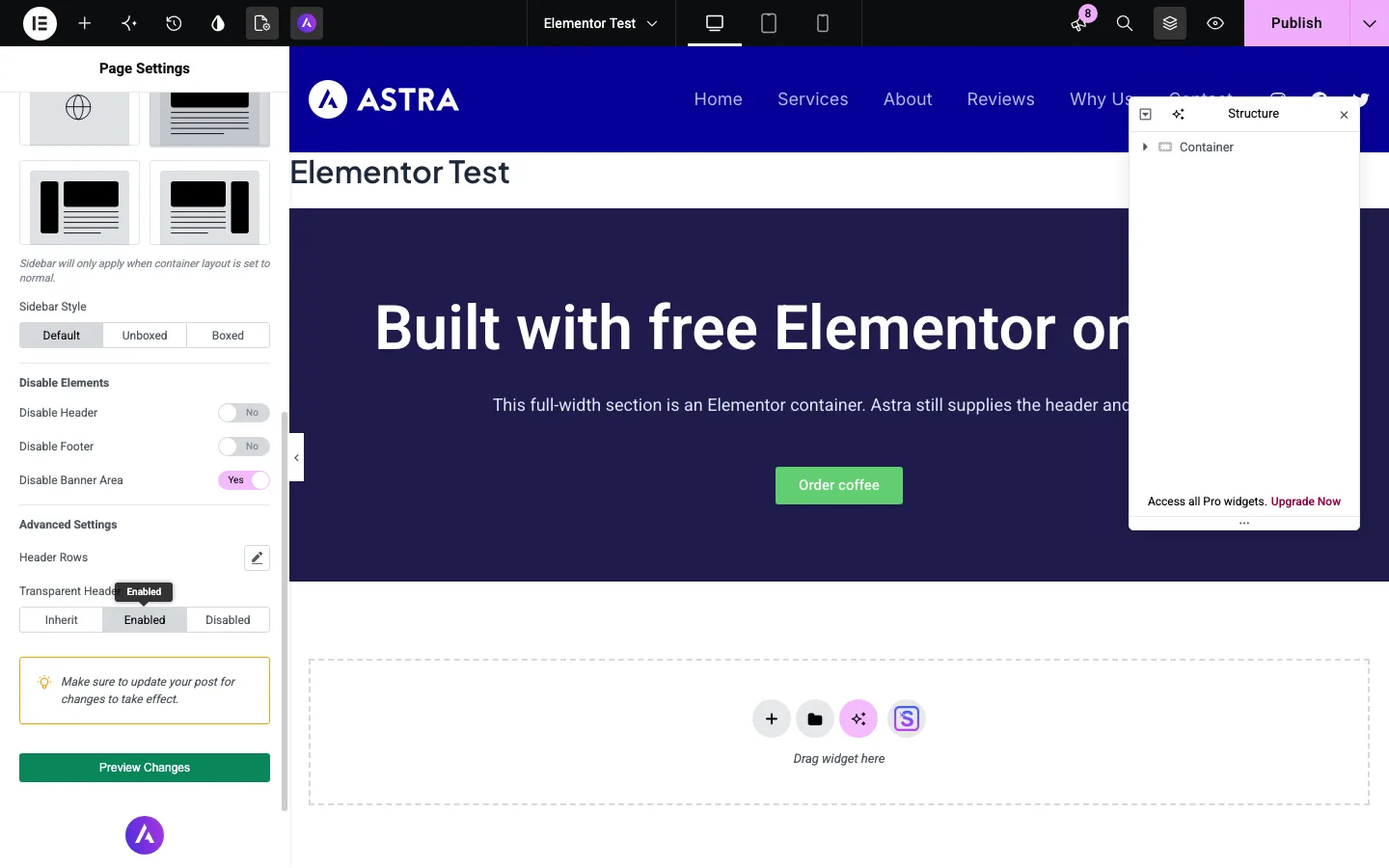 Astra Settings inside Elementor’s page settings panel, with container, sidebar, disable elements and transparent header options