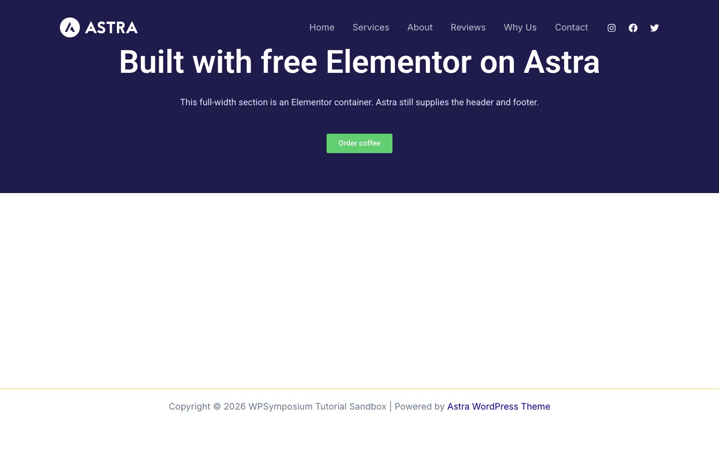 A full width Elementor section on Astra with a transparent header and no page title