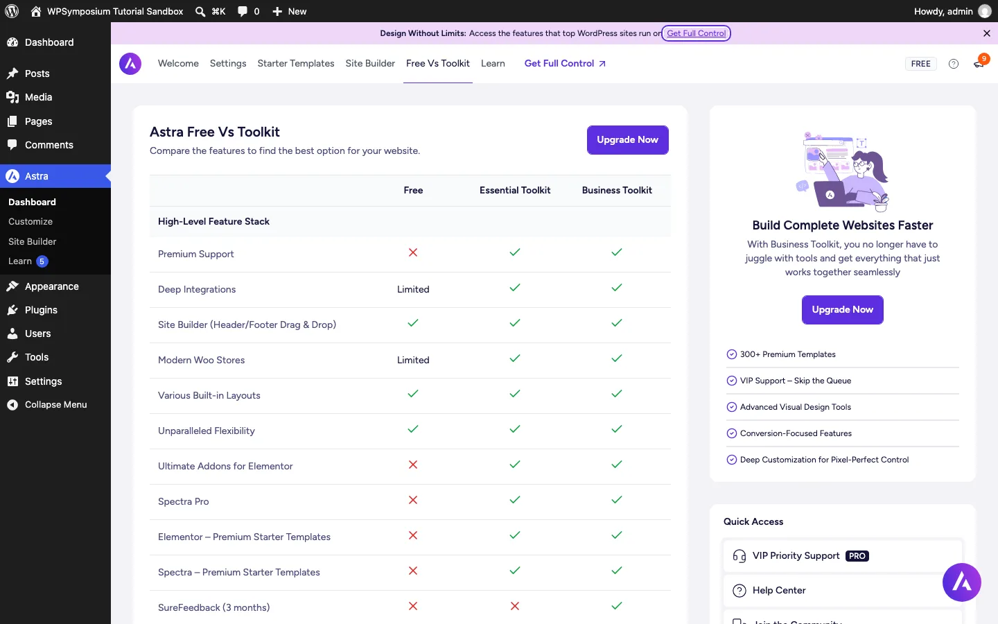 Astra Free vs Toolkit comparison table inside the WordPress dashboard