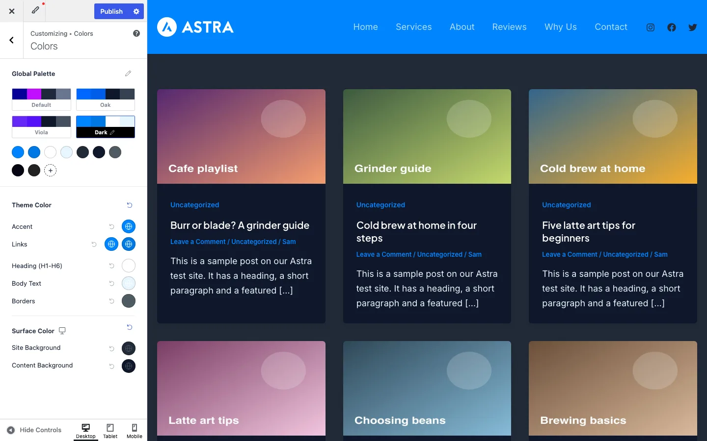Astra Global Palette in the Customizer with the Dark preset applied to a blog page