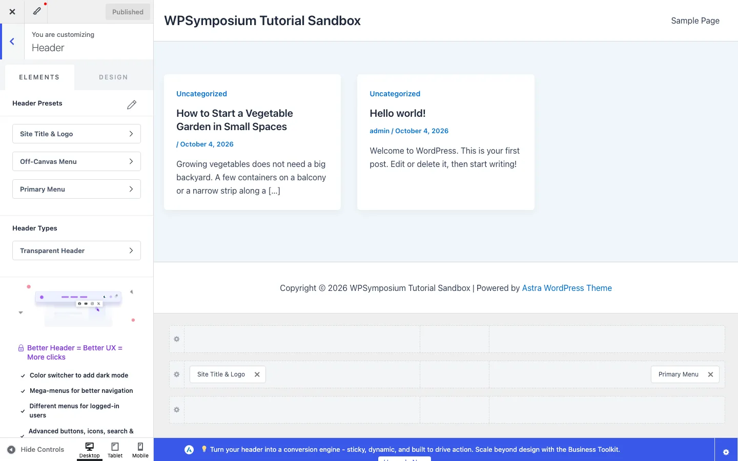 Astra drag-and-drop header builder in the WordPress Customizer