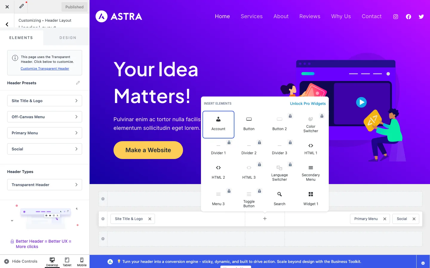 Astra header builder Insert Elements panel showing free elements and Pro elements with a lock