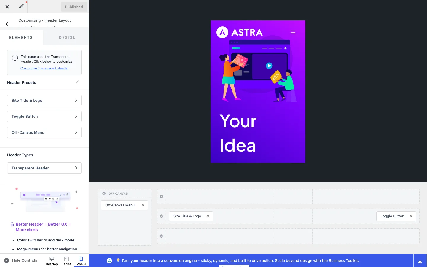 Astra mobile header builder with off-canvas menu, logo and toggle button