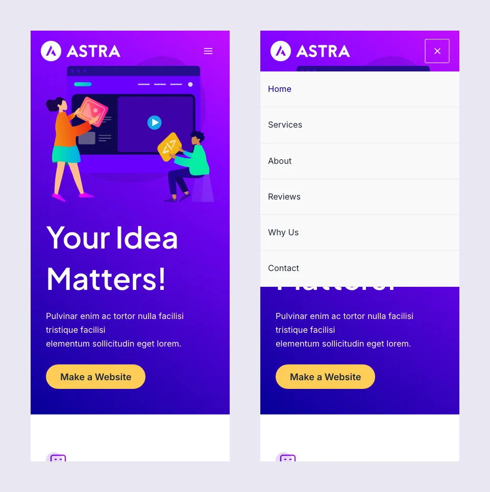 Astra demo homepage on a phone, closed and with the mobile menu open