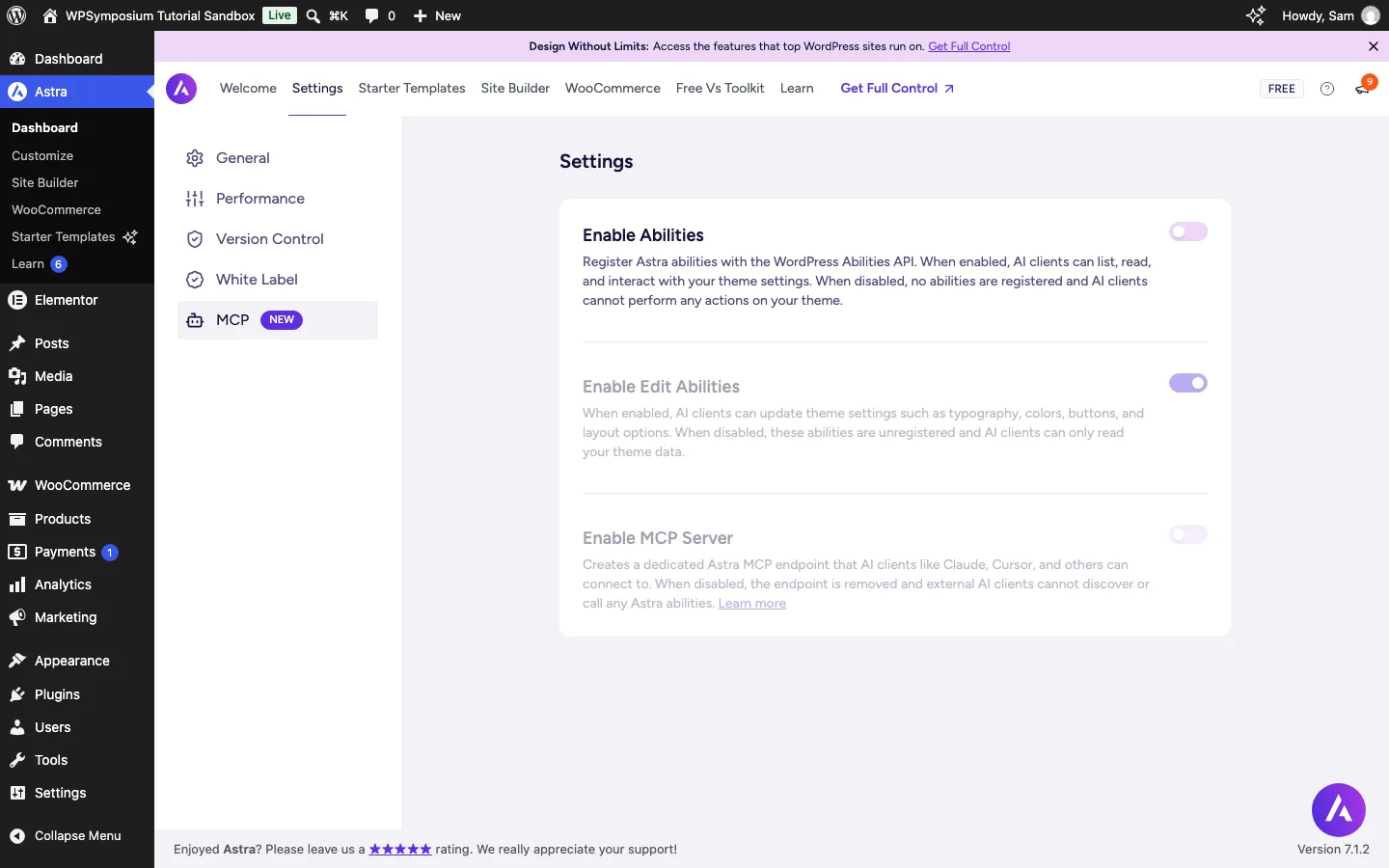 Astra Settings MCP tab with Enable Abilities and Enable MCP Server switches