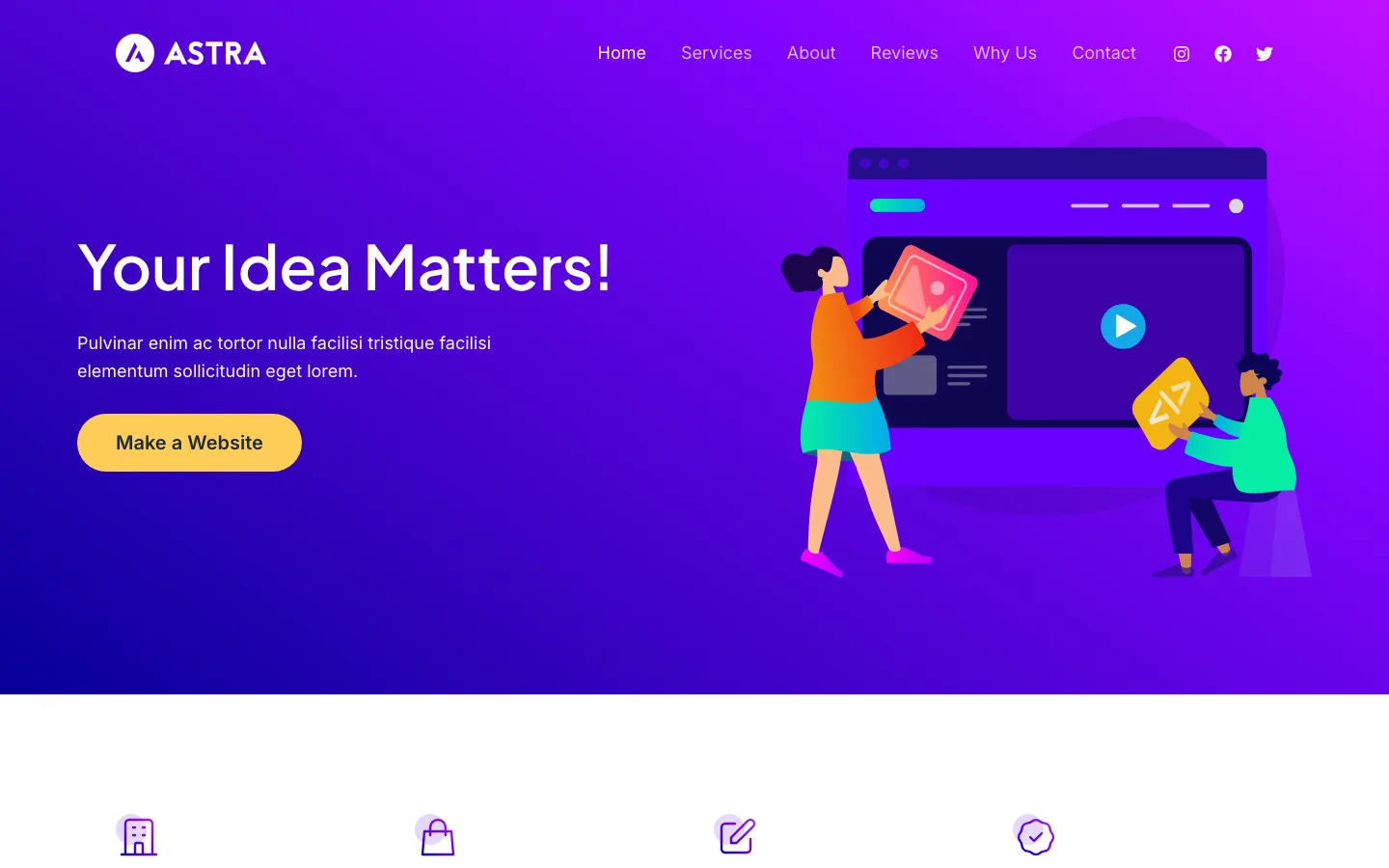 Astra’s built-in demo homepage with a purple hero, service cards and a testimonial