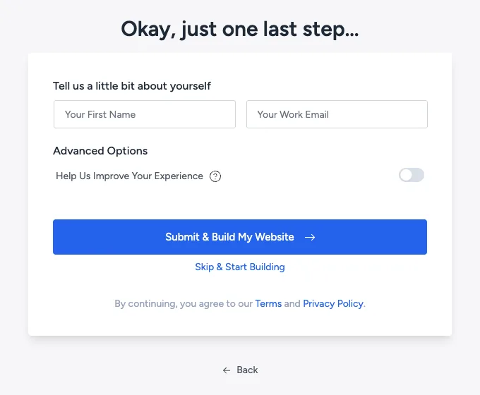 The last Starter Templates screen with the email box empty and the Help Us Improve Your Experience switch turned off