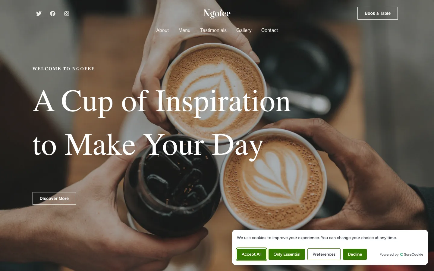 The imported Coffee Shop homepage on desktop, with a coffee photo hero, a serif headline and a SureCookie cookie banner