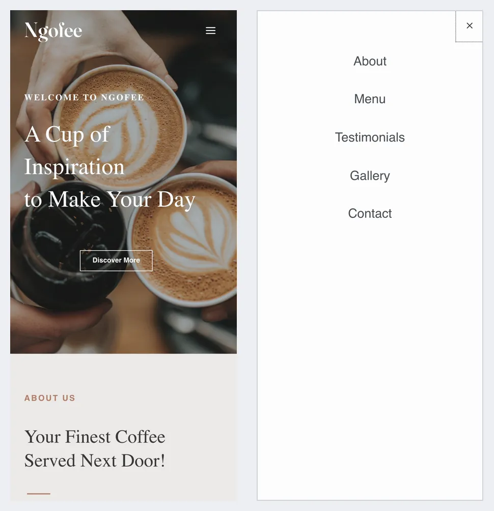 The imported Coffee Shop homepage on a phone, and its full-screen mobile menu
