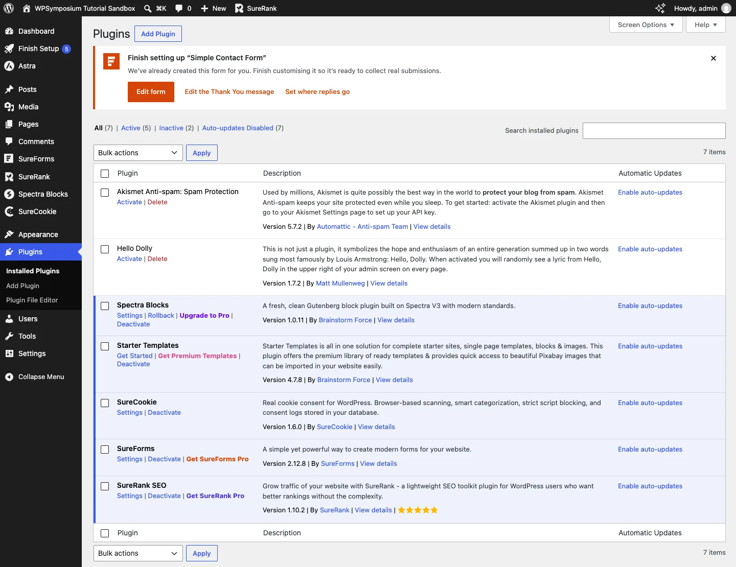 WordPress Plugins screen after the import, with Spectra Blocks, Starter Templates, SureCookie, SureForms and SureRank SEO active