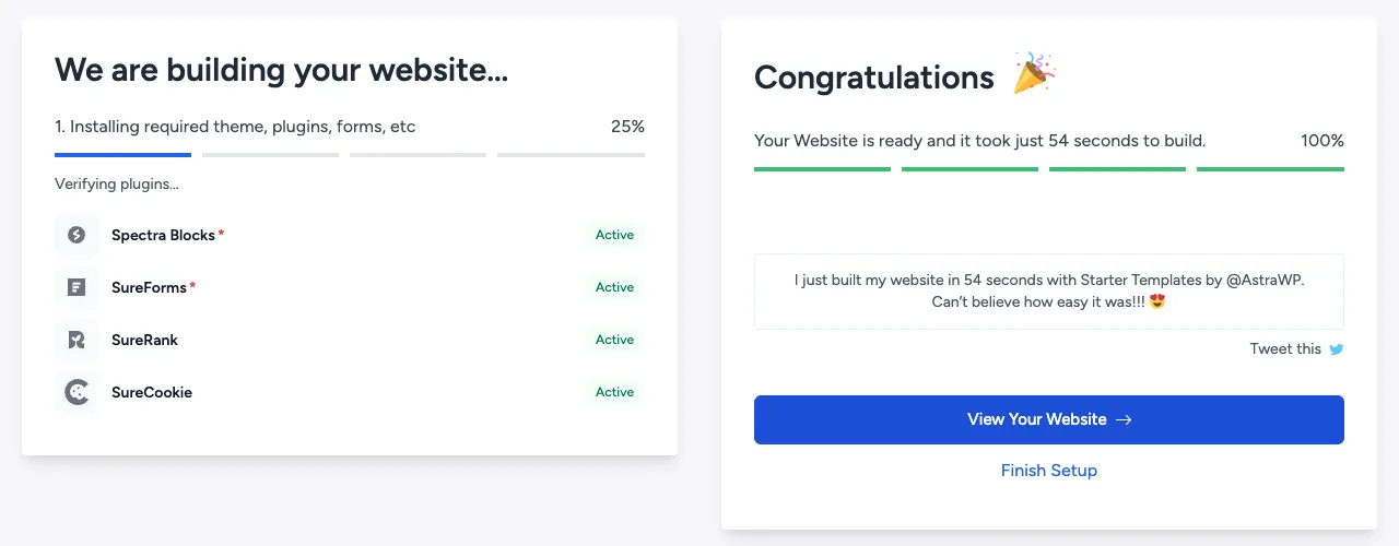 Starter Templates installing Spectra Blocks, SureForms, SureRank and SureCookie, next to the success screen saying the site took 54 seconds to build