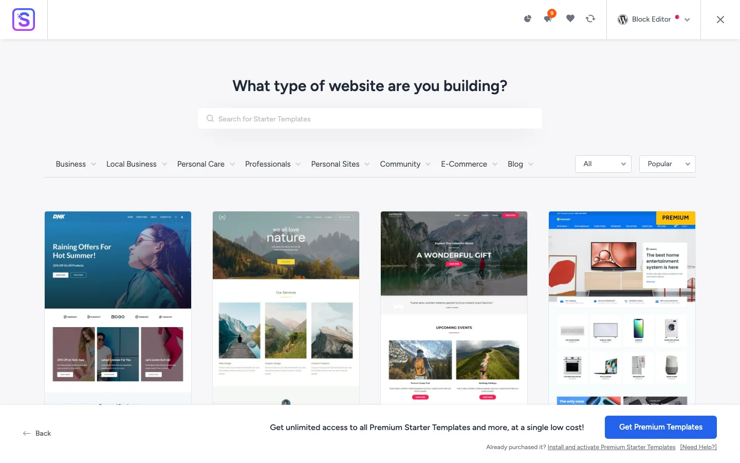 Starter Templates library for the block editor, showing free and premium templates
