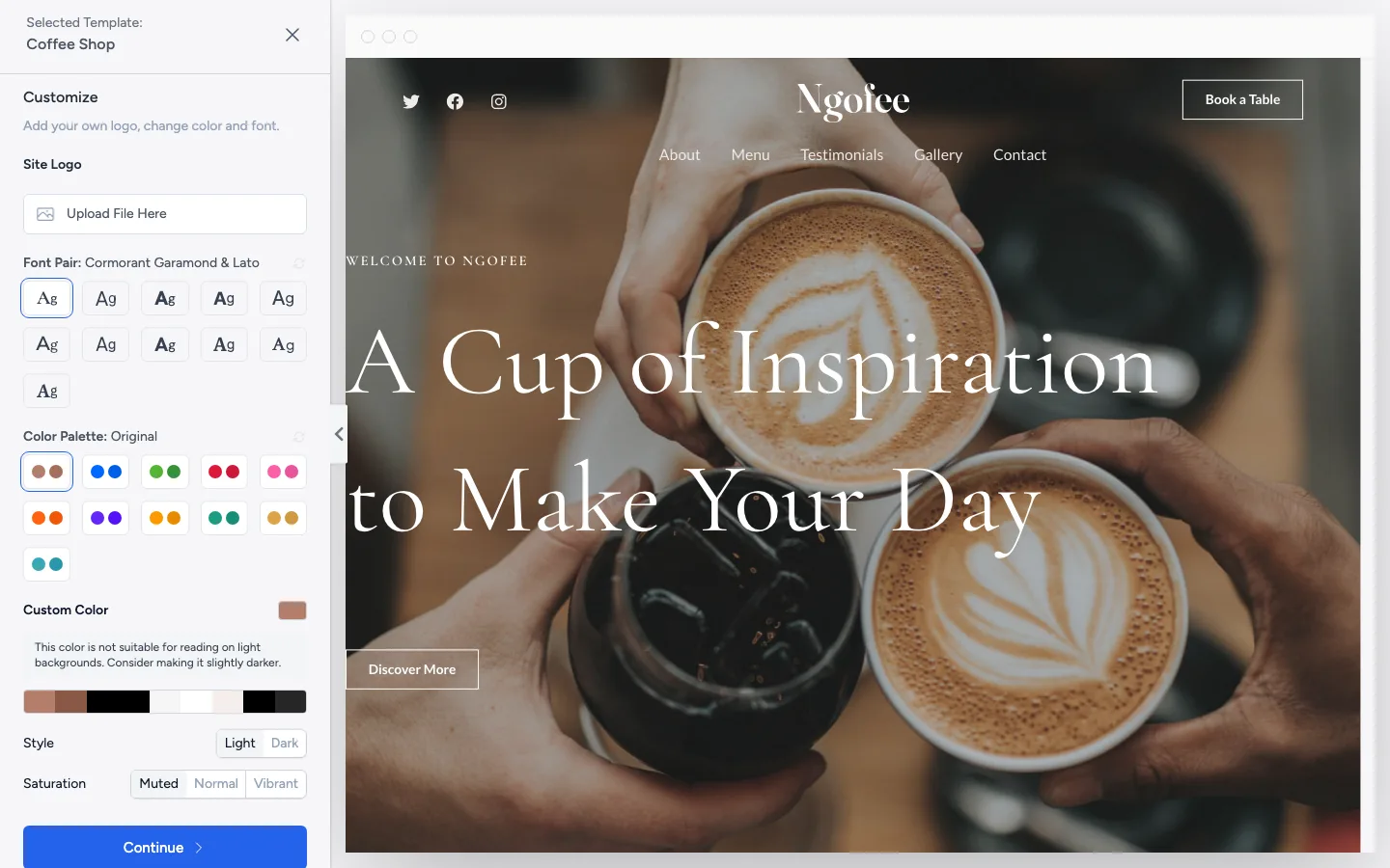 Starter Templates customize step with logo upload, font pairs, color palettes and a Light or Dark style switch