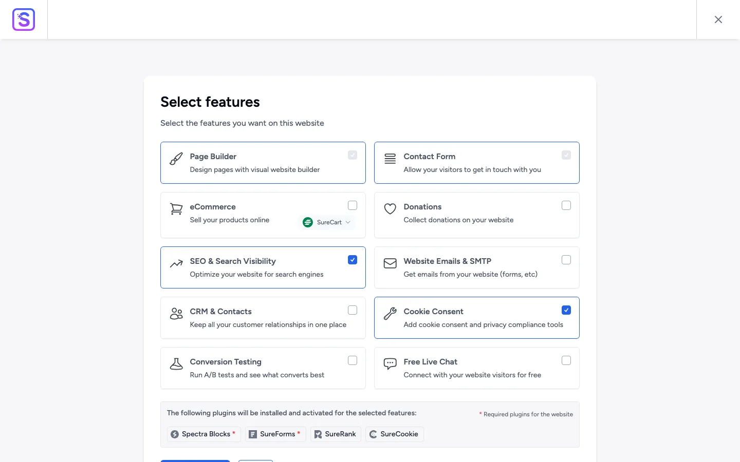 Starter Templates feature step listing the plugins that will be installed
