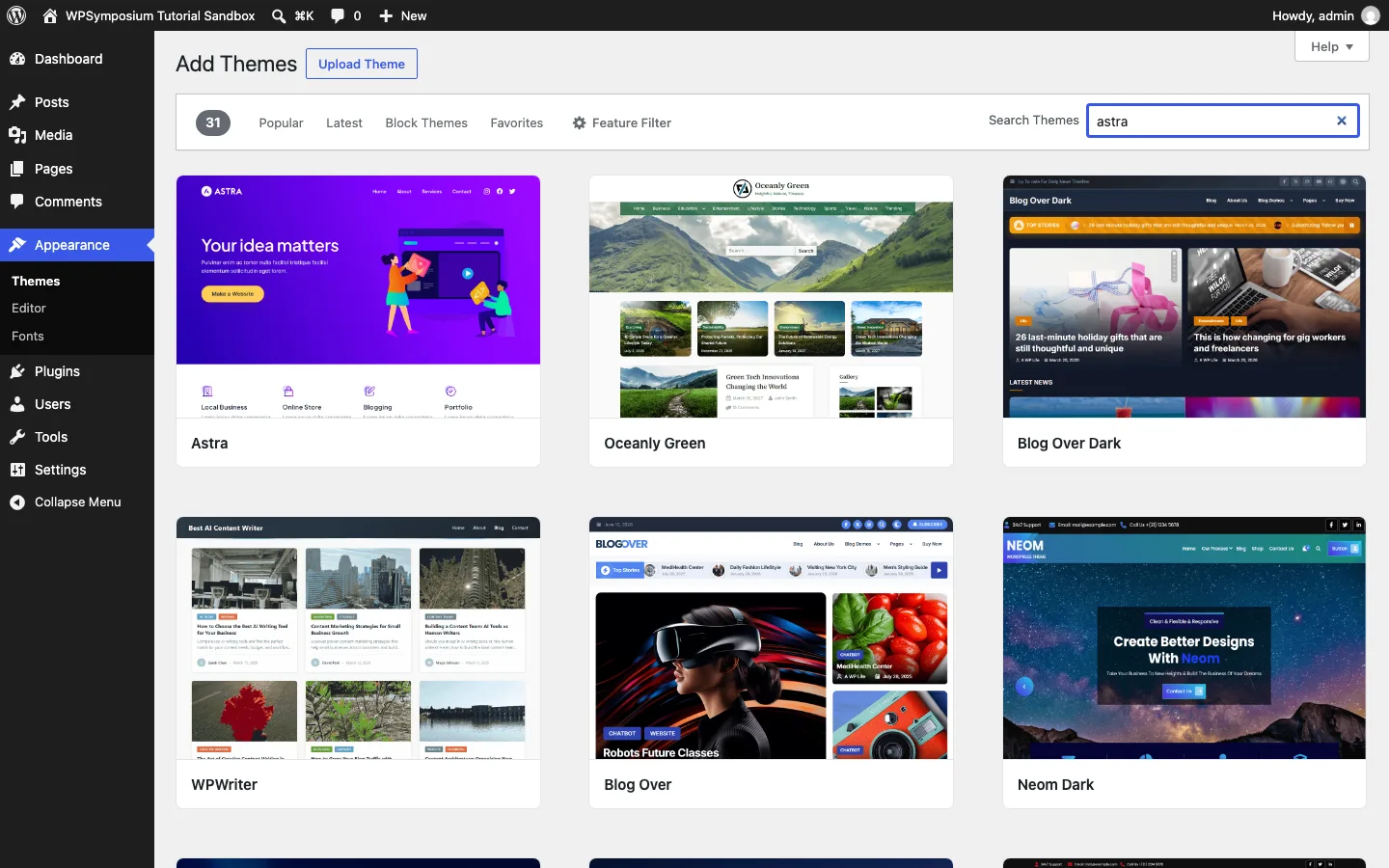 Searching for Astra under Appearance, Themes, Add Themes in WordPress 7.1
