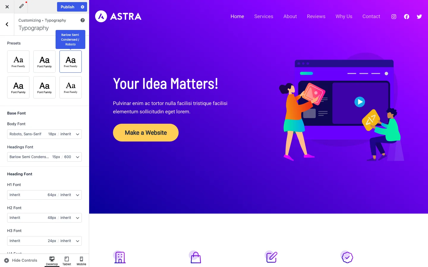 Astra typography panel with six font presets and body and heading font settings