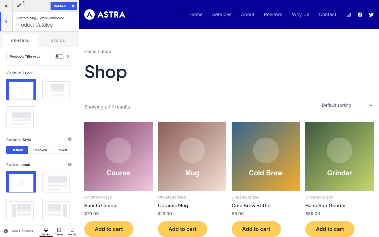 Astra WooCommerce Product Catalog panel with shop layout and card structure options