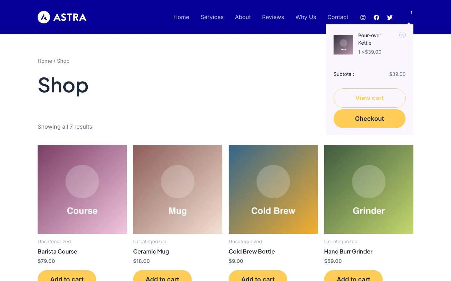 Astra WooCommerce shop page with a header mini cart dropdown