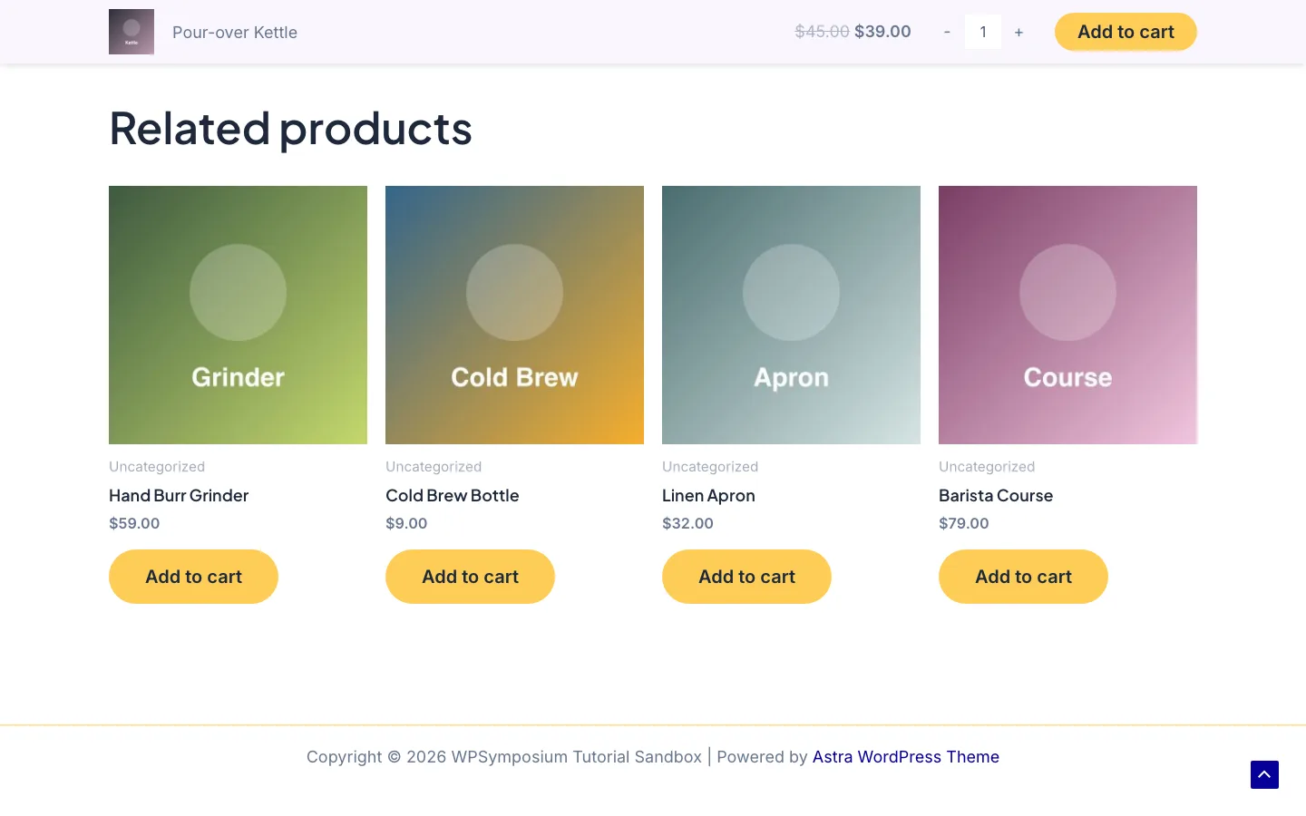 Astra free sticky add to cart bar at the top of a WooCommerce product page