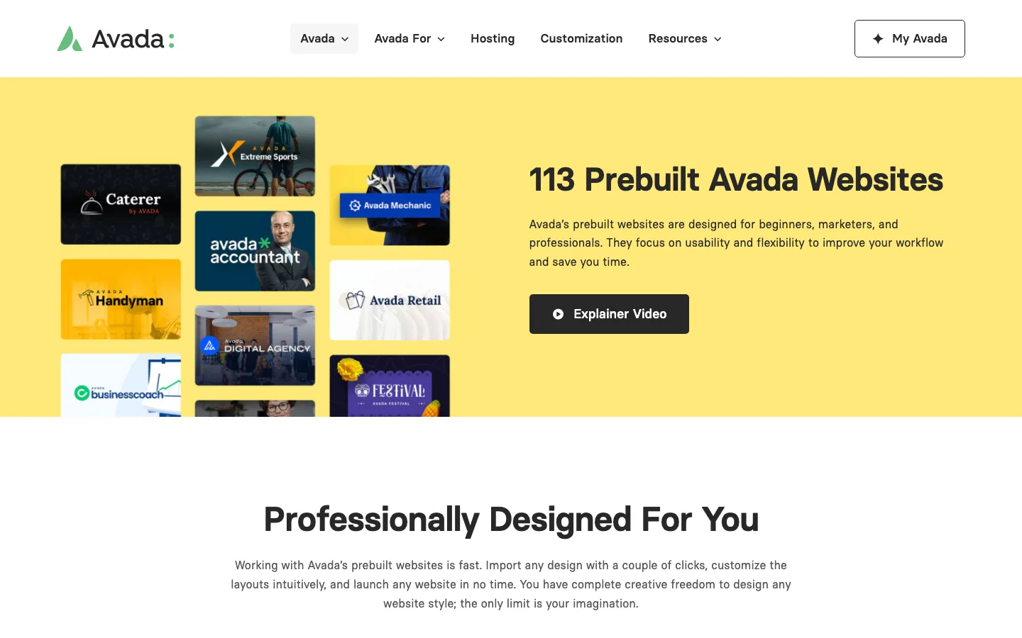Avada prebuilt websites page headed 113 Prebuilt Avada Websites with demo tiles such as Caterer, Accountant and Digital Agency