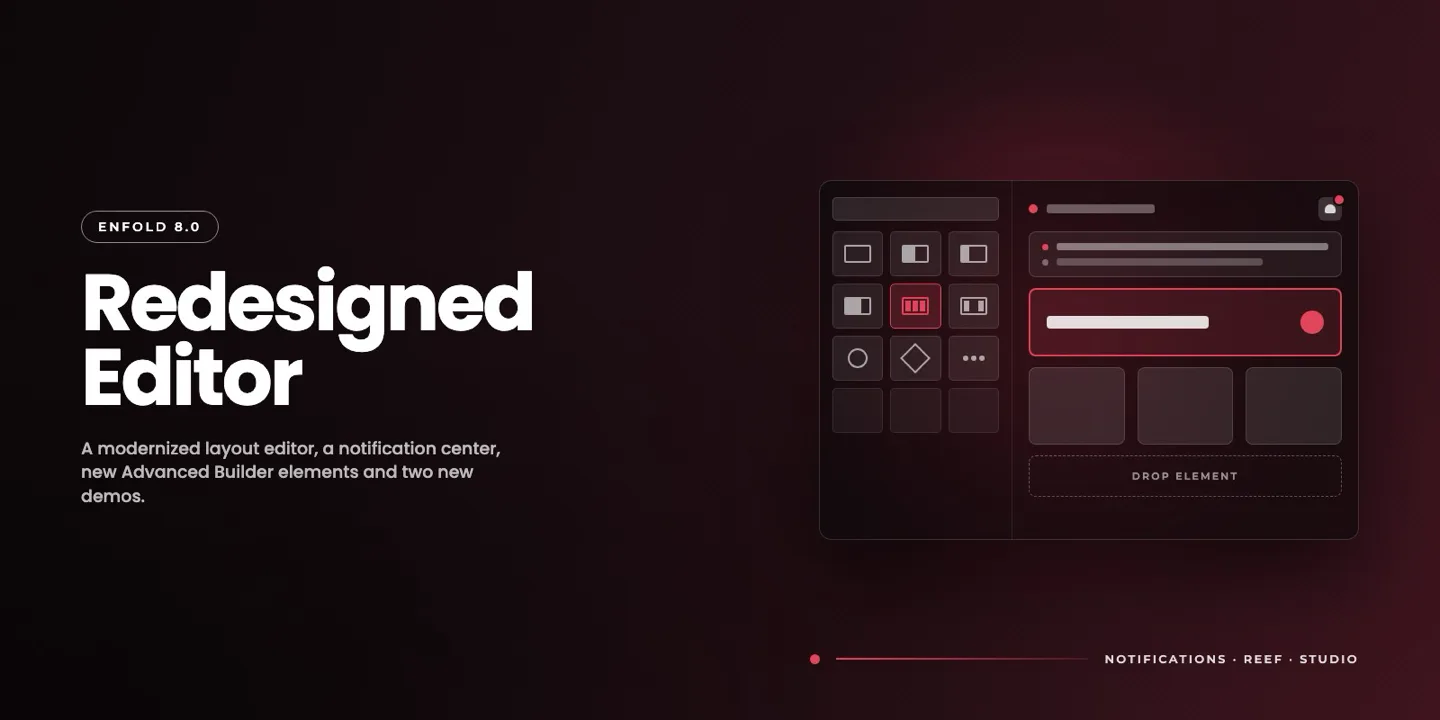 Kriesi illustration of the Enfold 8.0 redesigned editor, showing an element sidebar next to a layout canvas