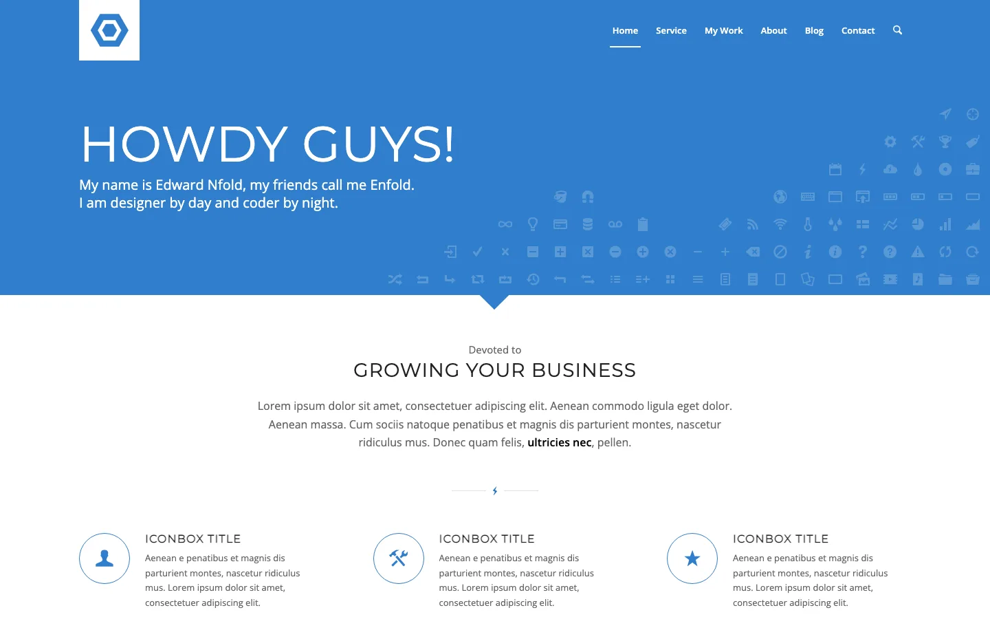 Enfold Flat Business demo homepage with a blue header reading Howdy Guys and three icon boxes below