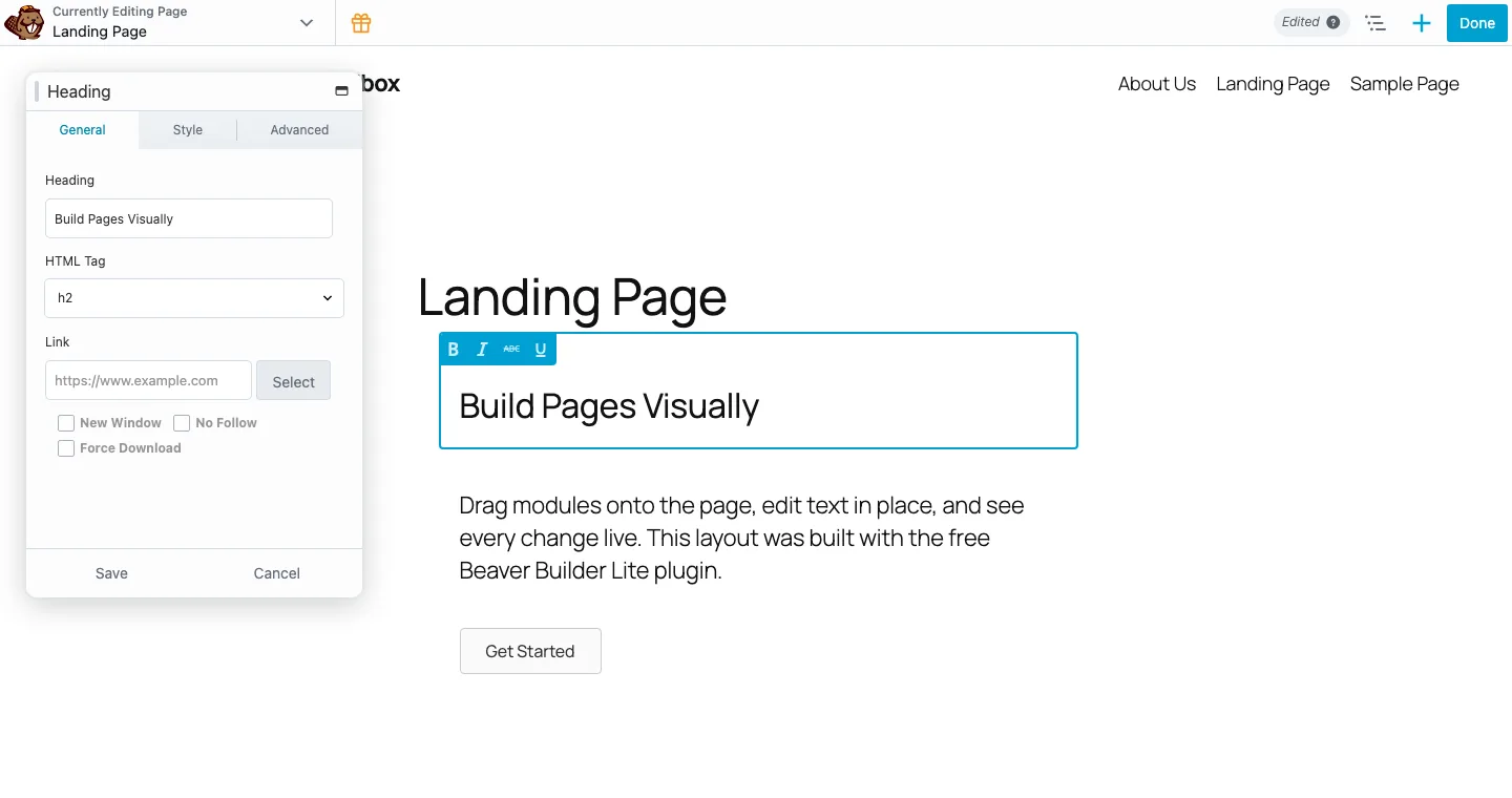 Beaver Builder Heading module settings panel open beside the live page preview