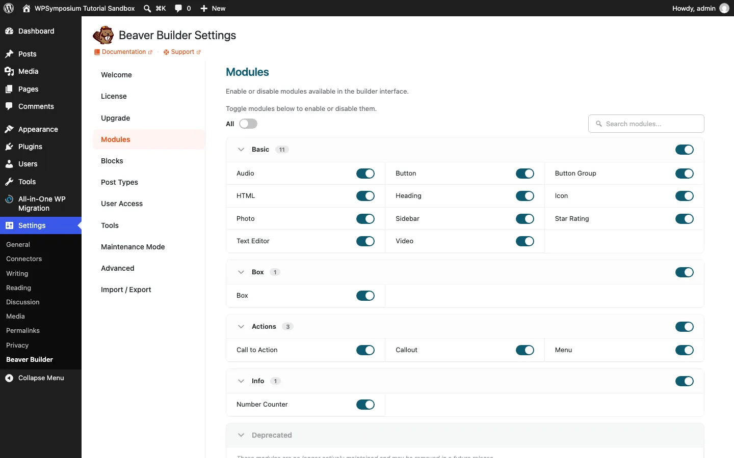 Beaver Builder Settings Modules tab with toggles for the Basic, Box, Actions and Info modules in the free version