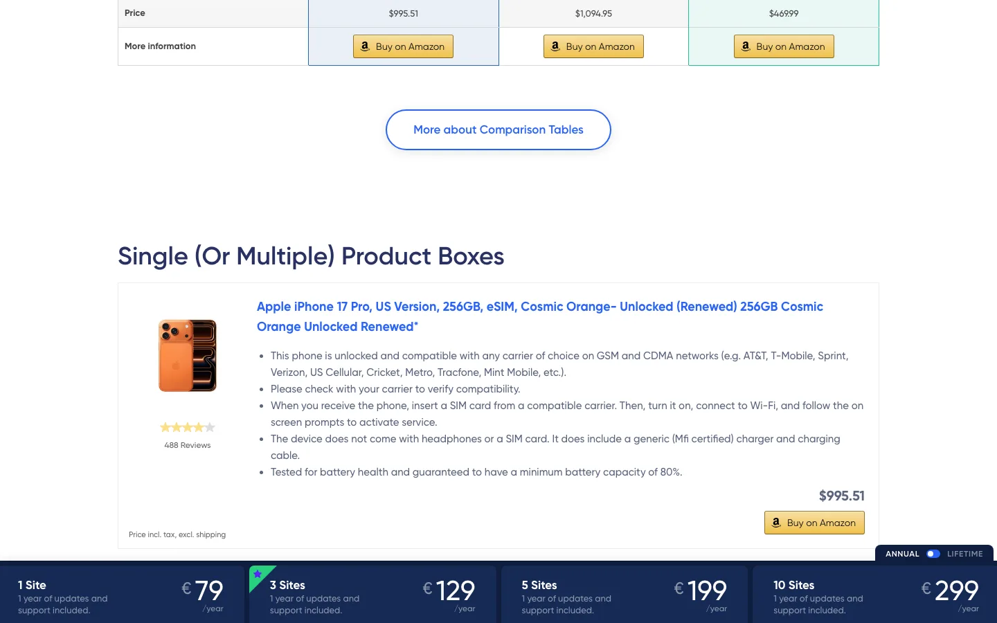 AAWP demo page showing an Amazon product box with Buy on Amazon button and the pricing bar