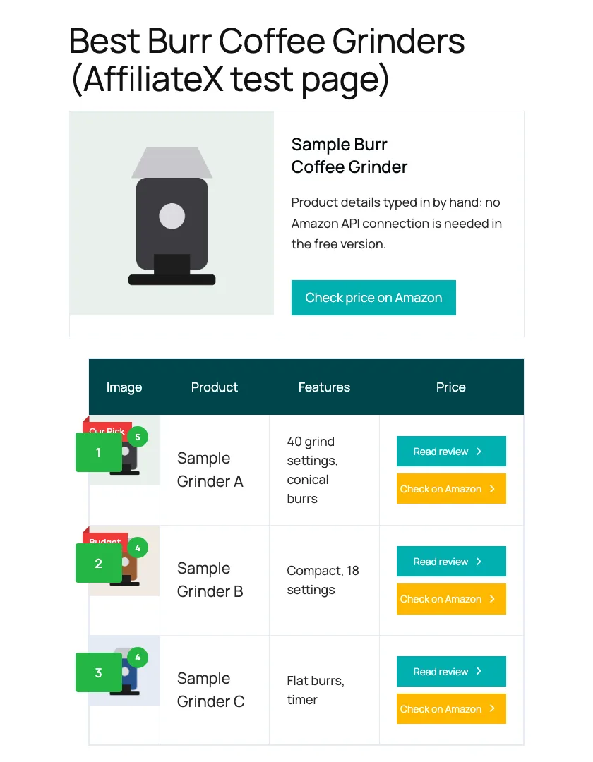 AffiliateX Single Product box and Product Table built on a test page with sample products