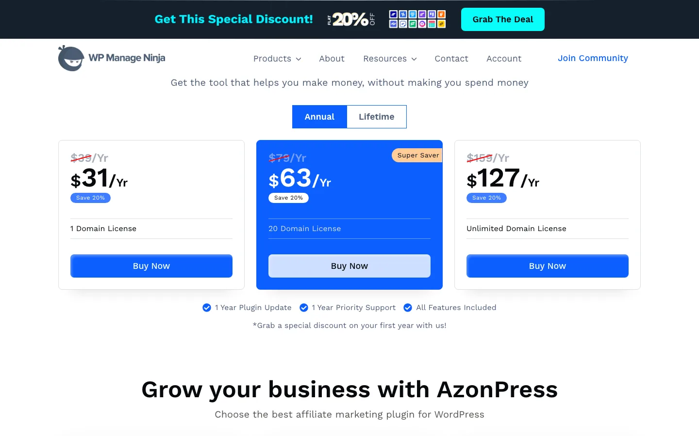 AzonPress annual pricing table with 1-domain, 20-domain and unlimited plans