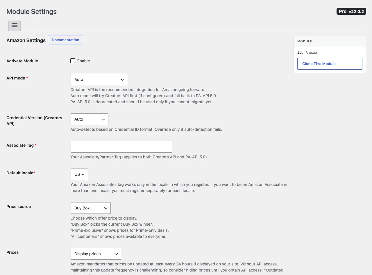Content Egg Pro Amazon module settings with API mode set to Auto, Creators API recommended and PA-API 5.0 marked deprecated