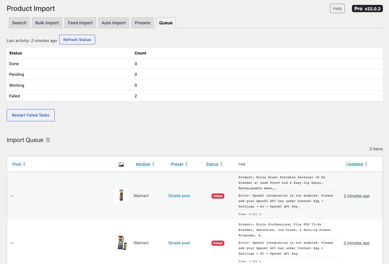 Content Egg Product Import queue with two Walmart items failed and an error saying OpenAI integration is not enabled