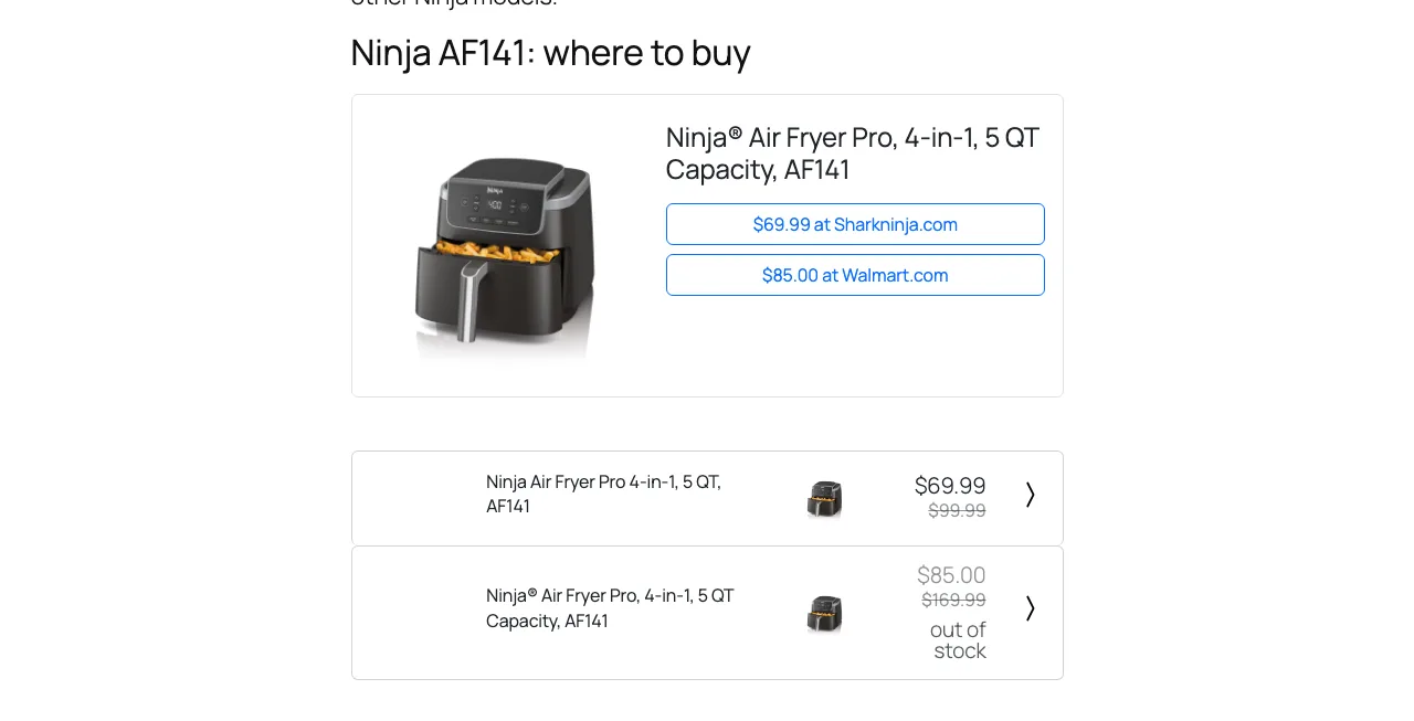 Content Egg price comparison card and sorted store list for a Ninja air fryer, with a SharkNinja offer and an out-of-stock Walmart offer