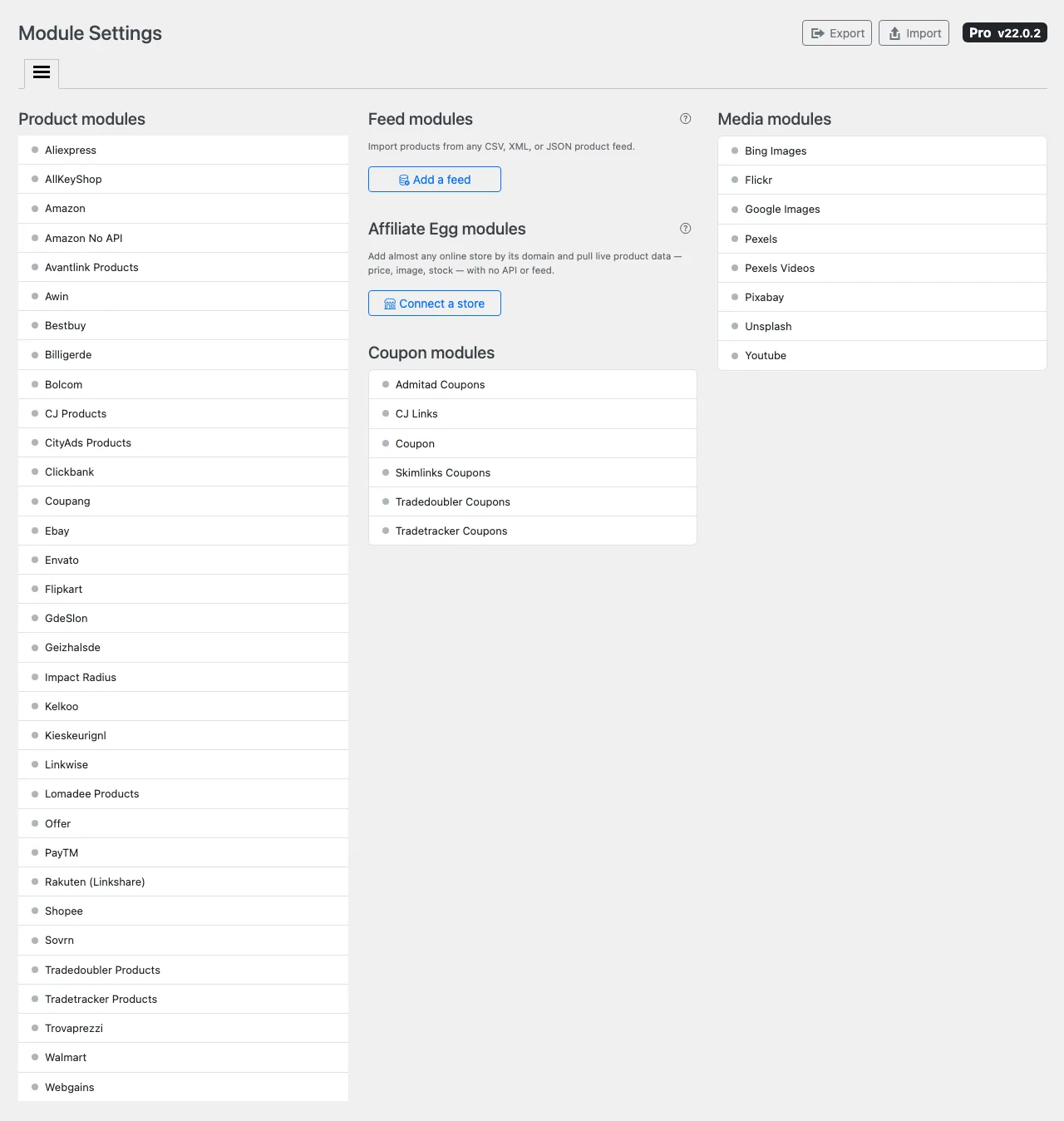 Content Egg Pro Module Settings screen listing 33 product modules, feed and Affiliate Egg options, coupon modules and media modules
