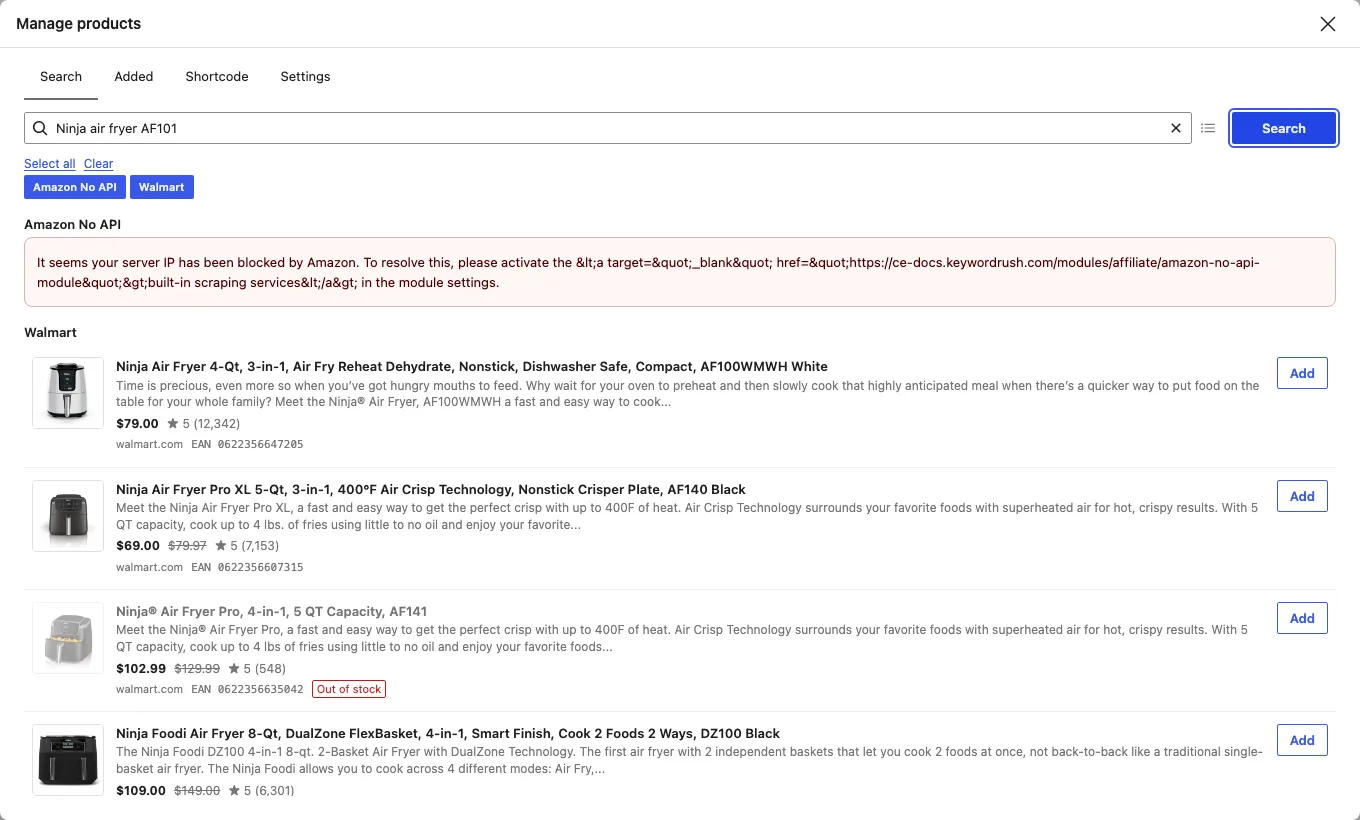 Content Egg Manage products window searching Amazon No API and Walmart, with an IP blocked error for Amazon and live Walmart air fryer results