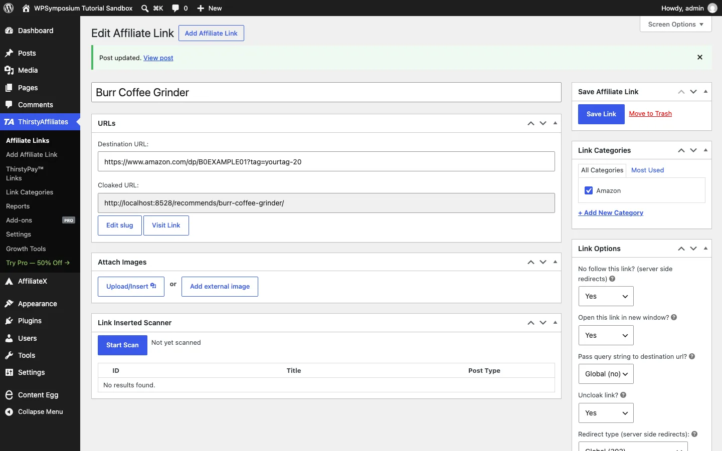 ThirstyAffiliates Edit Affiliate Link screen with an Amazon destination URL, cloaked URL and uncloak option set to Yes